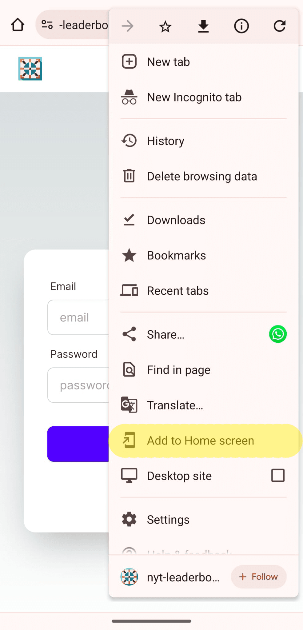 Tap "Add To Home screen" in the Menu