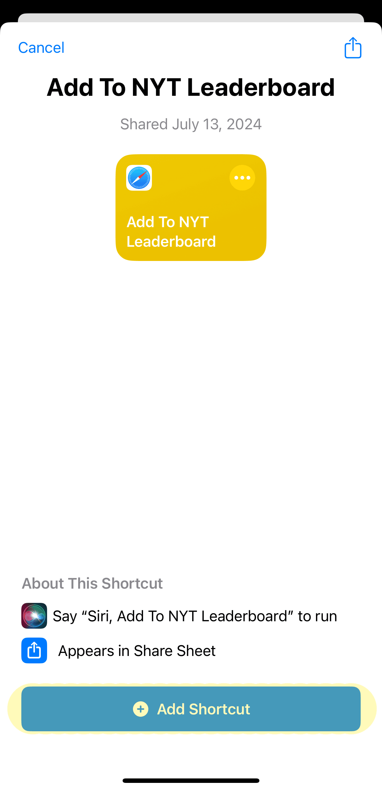 To make sharing from the NYT Games app easy, install the <a target="_blank" class="link" href="https://www.icloud.com/shortcuts/5ef4037277a8494ba05b42726f24695f">iOS helper shortcut from here</a>